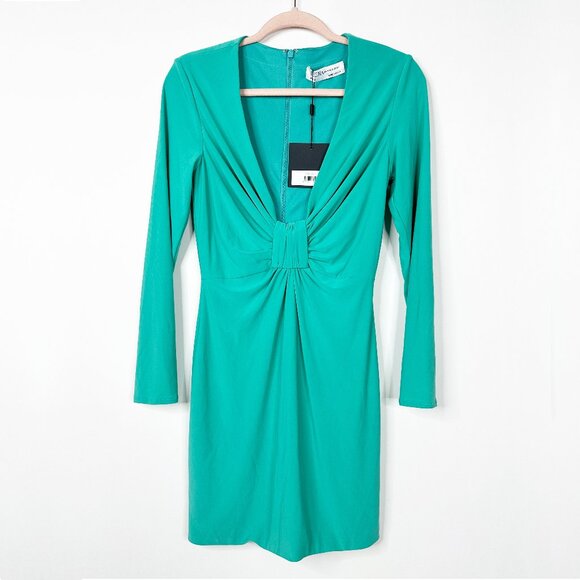 FLAW - NWT Mac Duggal Long Sleeve Front Knot Jersey Mini Dress Sage 2 #9868 - Picture 3 of 9